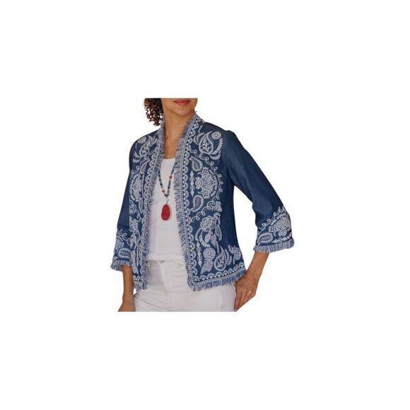 Soft Surroundings Mesaria Boho Embroidered Chambray Denim Fringe Trim Jacket XL - Picture 2 of 16
